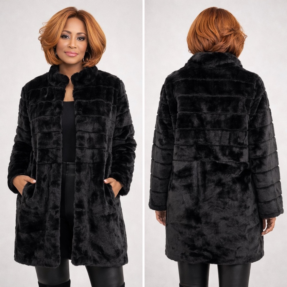 Cisono NWT Faux Fur Coat Black Plush Textured Open Front Jacket Women’s Size XL